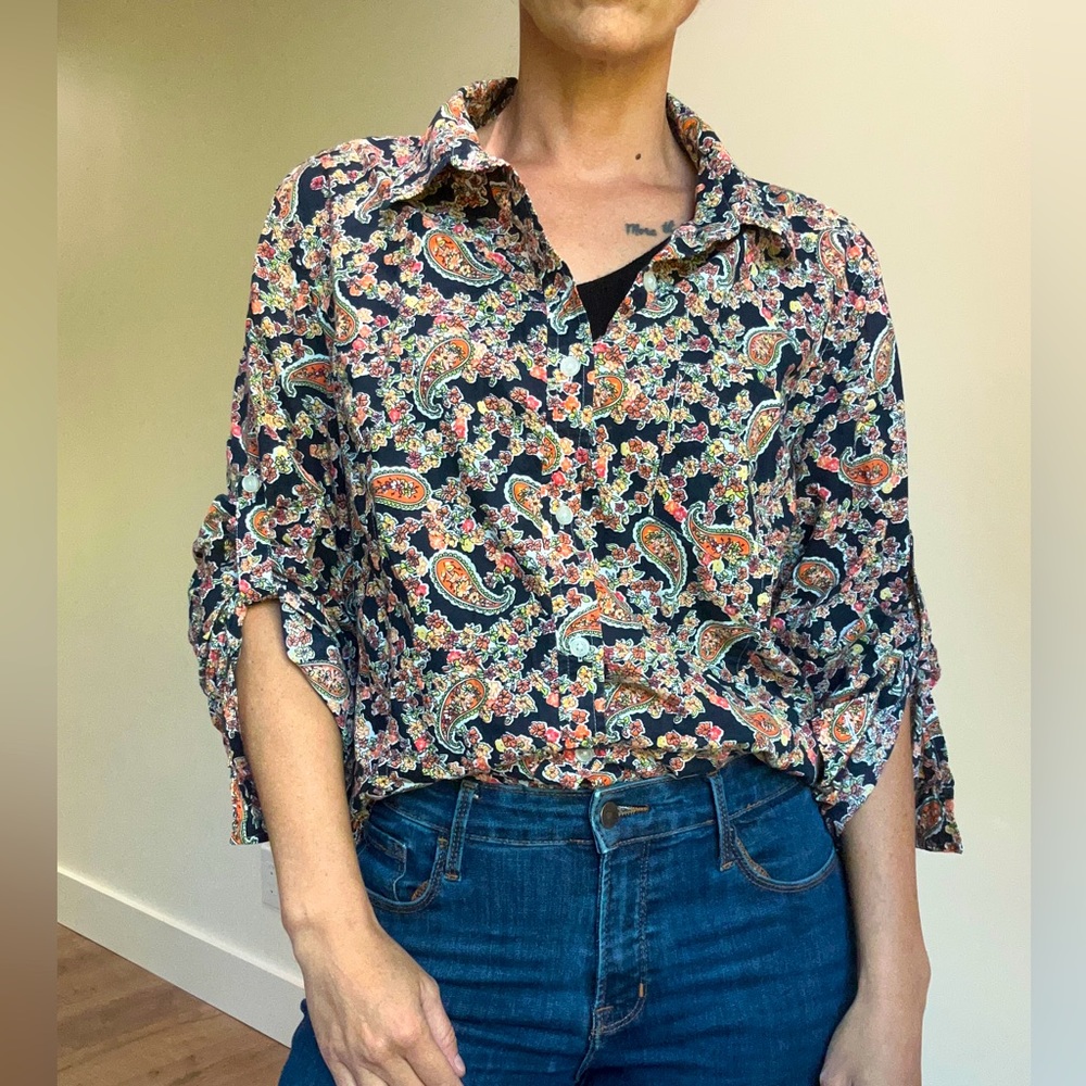 Jones New York Black Orange Pink Paisley Button Down Shirt - size XL
